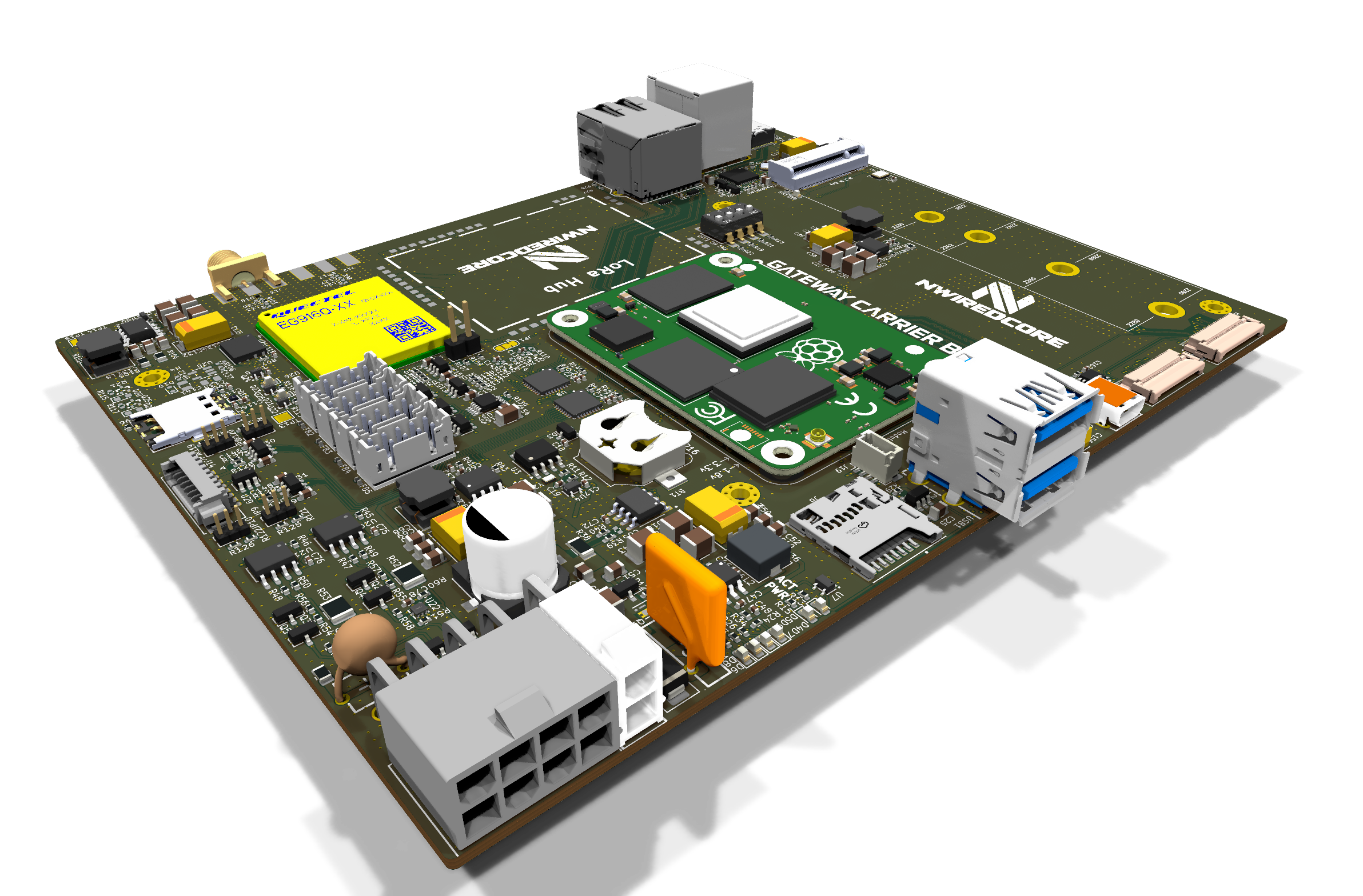 CM4 / CM5 Gateway Carrier Board — base configuration render, without the optional LoRa Hub